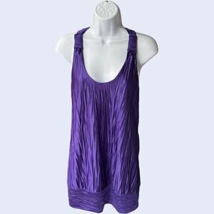 IZ Byer California pleated halter tank top purple knot back banded hem Y2K
